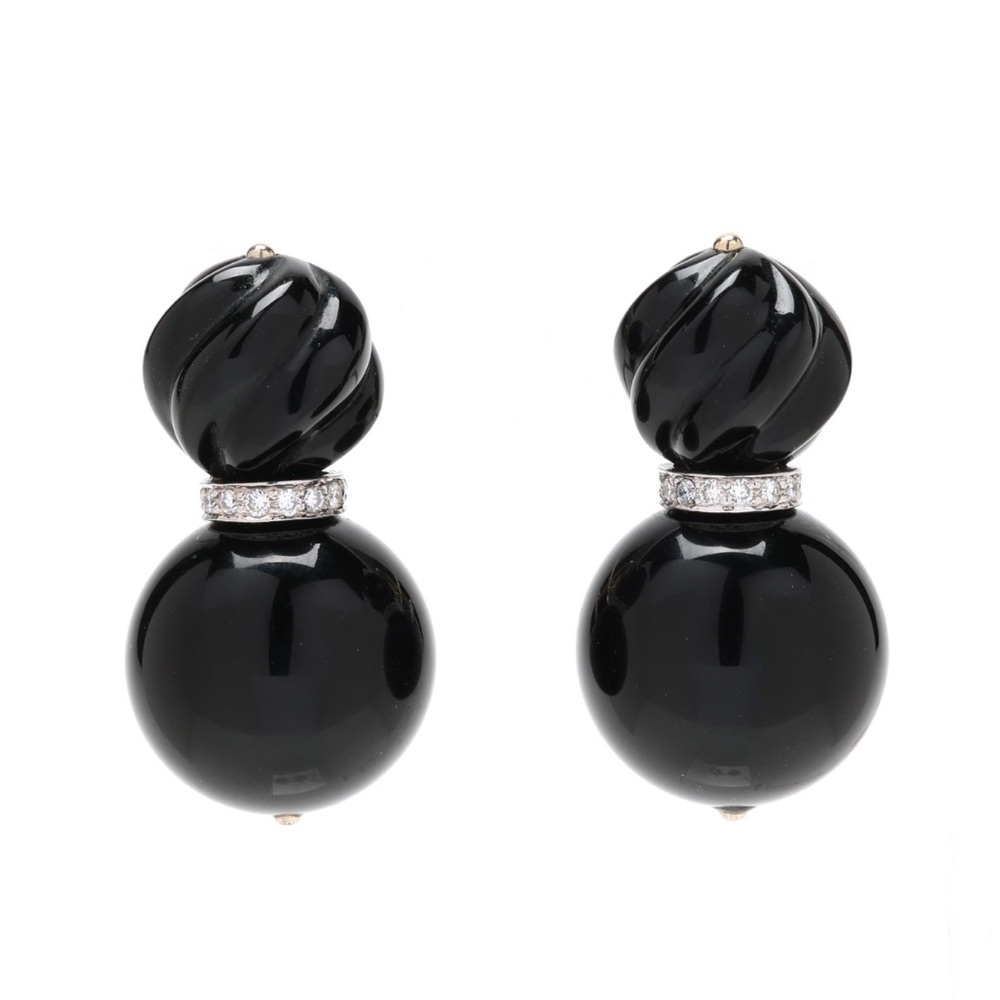 Vintage White Gold Carved Black Onyx and Diamond Earrings